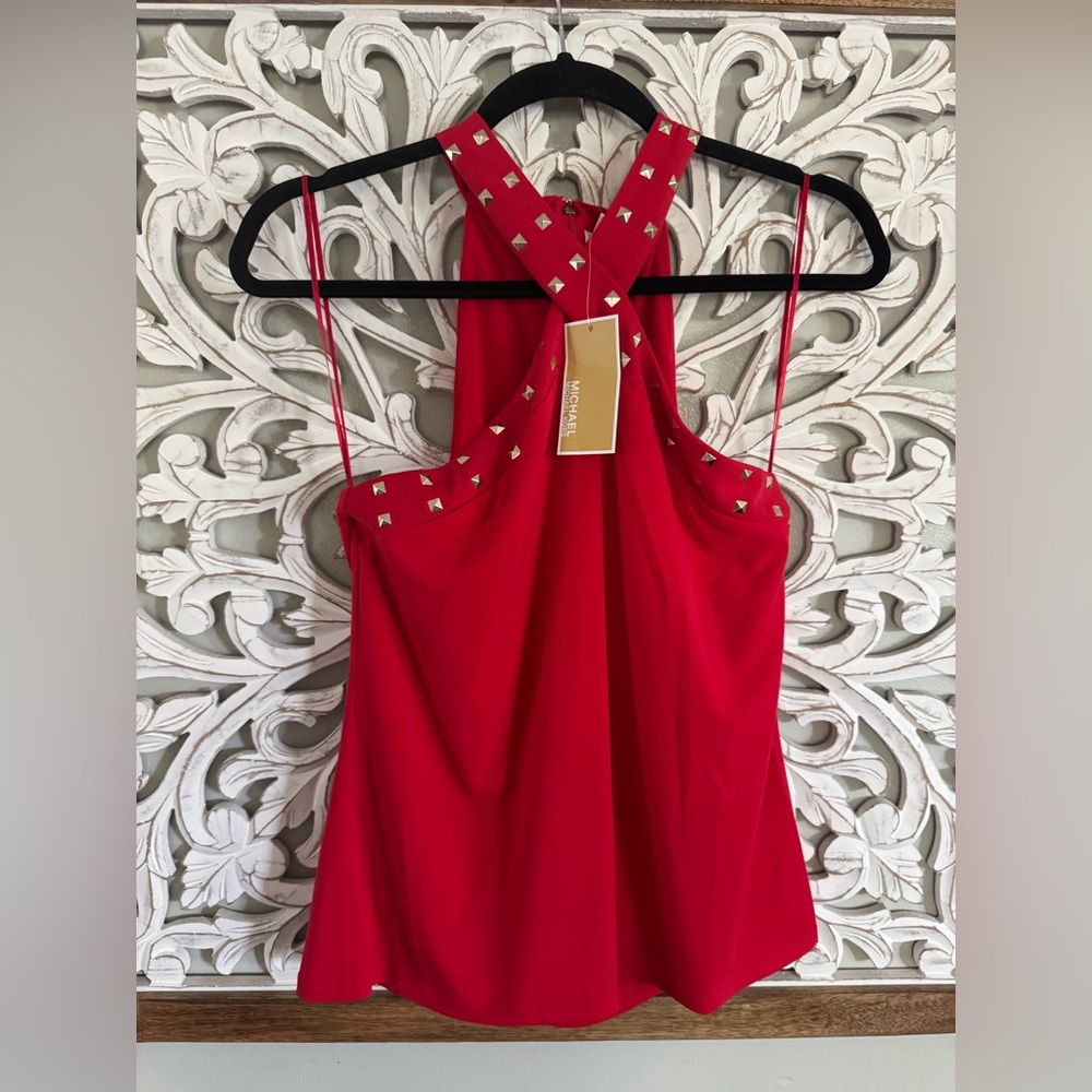 Michael Kors Red Studded Halter Top | Luxe Resort Chic Statement Blouse NWT - Picture 5 of 7